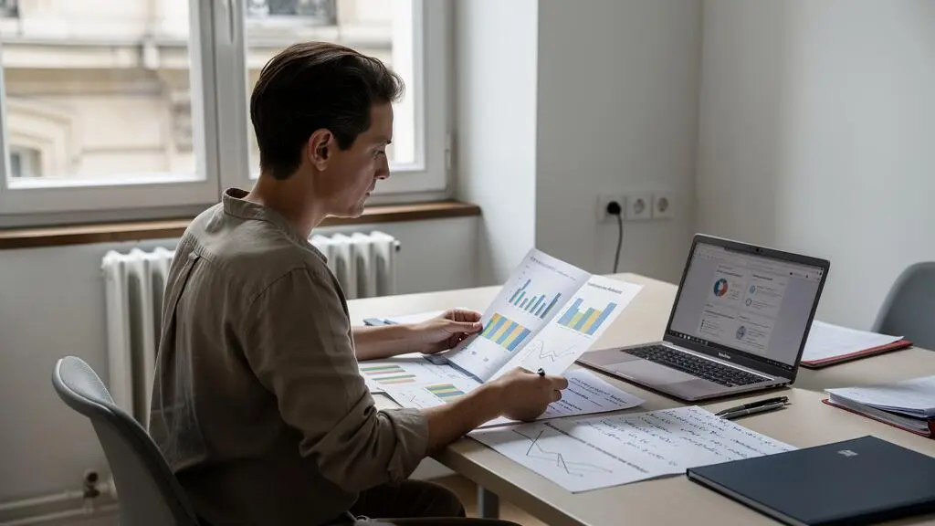 Une responsable compare des tableaux imprimés d'évaluation sur son bureau pour bâtir une évaluation fiable.